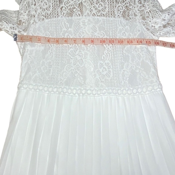 SHEIN White Cotton Nylon Blend Pleated Wedding Dress w/ Lace Bodice & Sleeves S - Picture 6 of 13